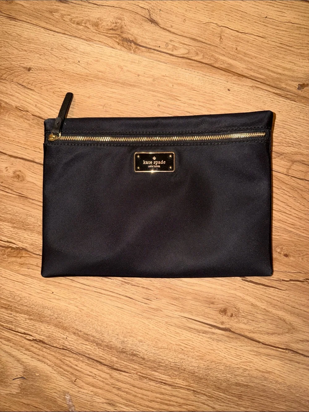 kate spade black nylon wristlet pouch with gold plate